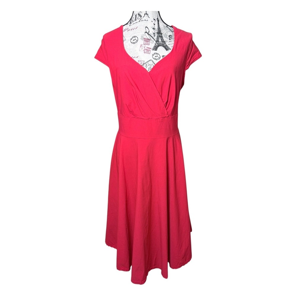 Bbonlinedress Fit and Flare Dress Womens XL Red V-Neck Cap Sleeve Midi pinup